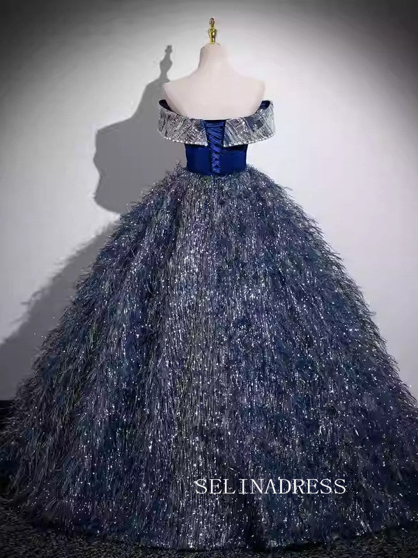 Off-the-shoulder Dark Navy Ball Gown Princess Dress Sparkly Tulle Formal Dress JKL2595