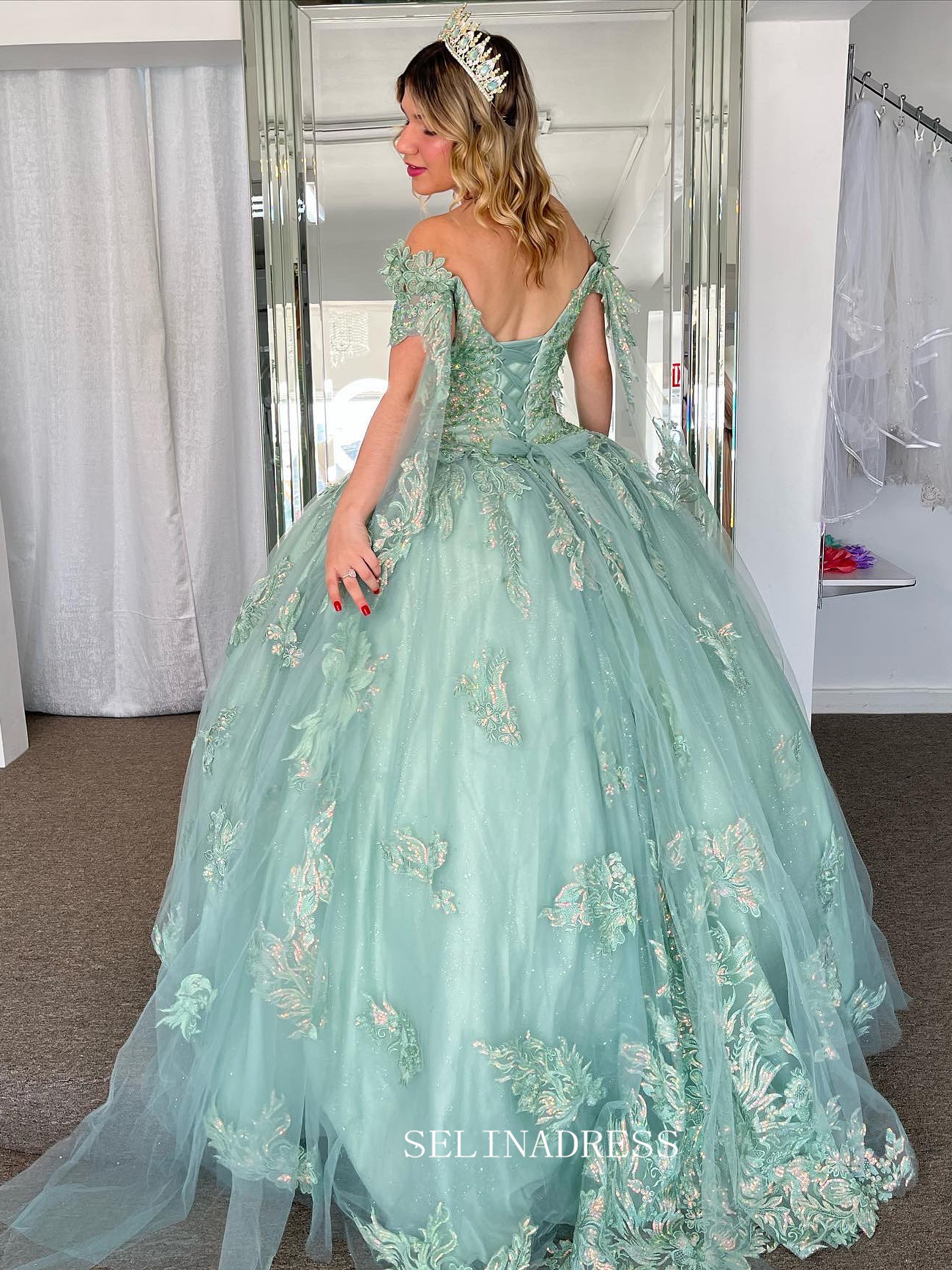 Off-the-shoulder Embroidery Ball Gown Princess Mint Green Formal Gowns Evening Dress sew1090|Selinadress