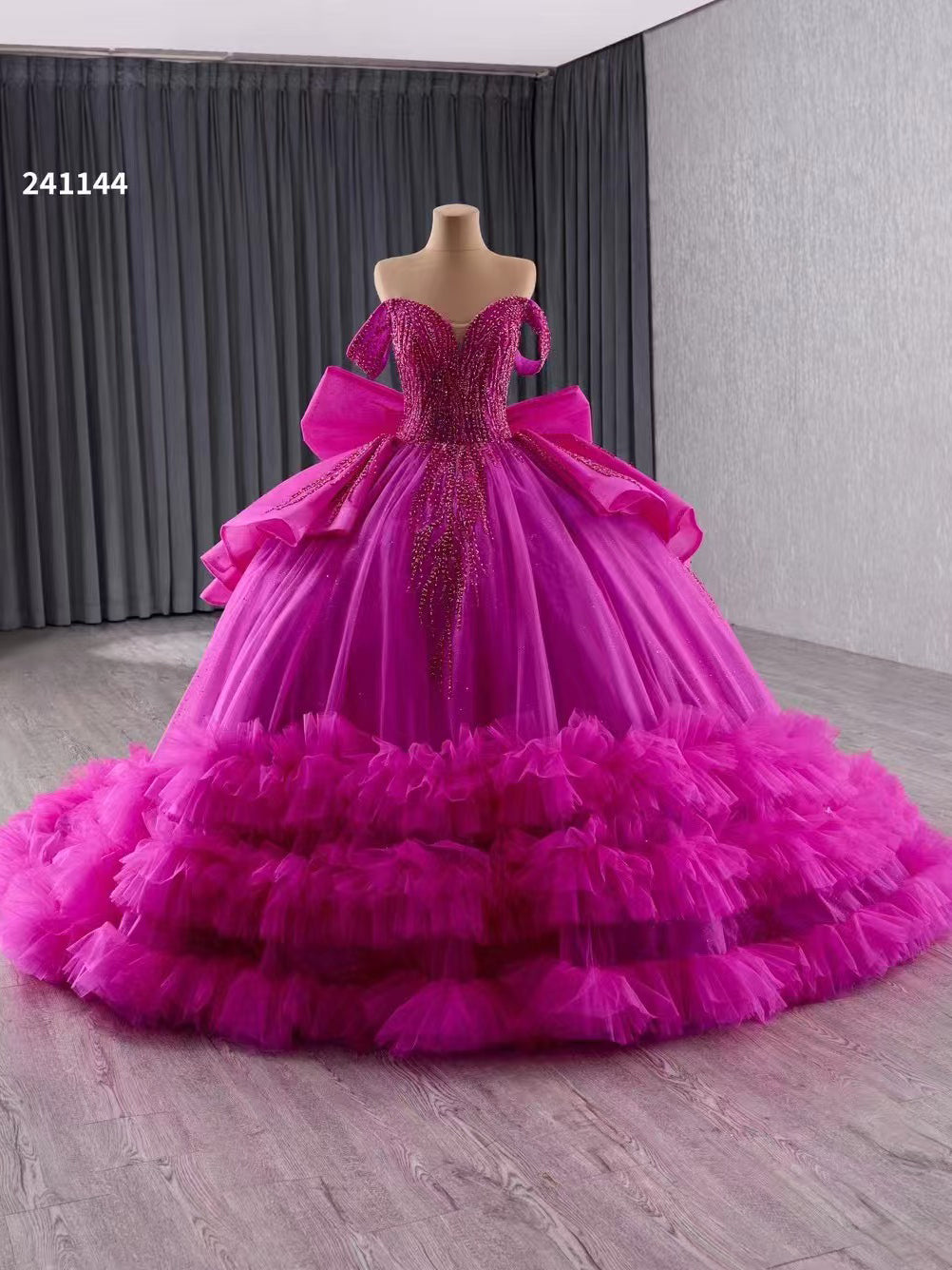 Off-the-shoulder Fuchsia Ball Gown Beaded Long Formal Dress Evening Gowns 241144|Selinadress