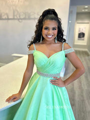 Off-the-shoulder Green Long Prom Dresses Unique Beaded Evening Gowns Formal Dresses TKS001