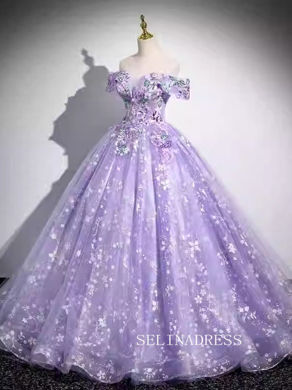 Off-the-shoulder Lavender Ball Gown Princess Dress Embroidery Applqiue Tulle Formal Dress JKL2594