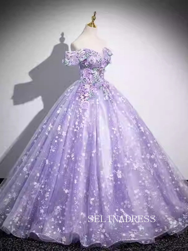 Off-the-shoulder Lavender Ball Gown Princess Dress Embroidery Applqiue Tulle Formal Dress JKL2594