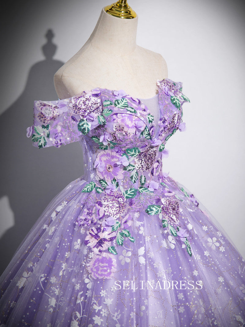 Off-the-shoulder Lavender Ball Gown Princess Dress Embroidery Applqiue Tulle Formal Dress JKL2594