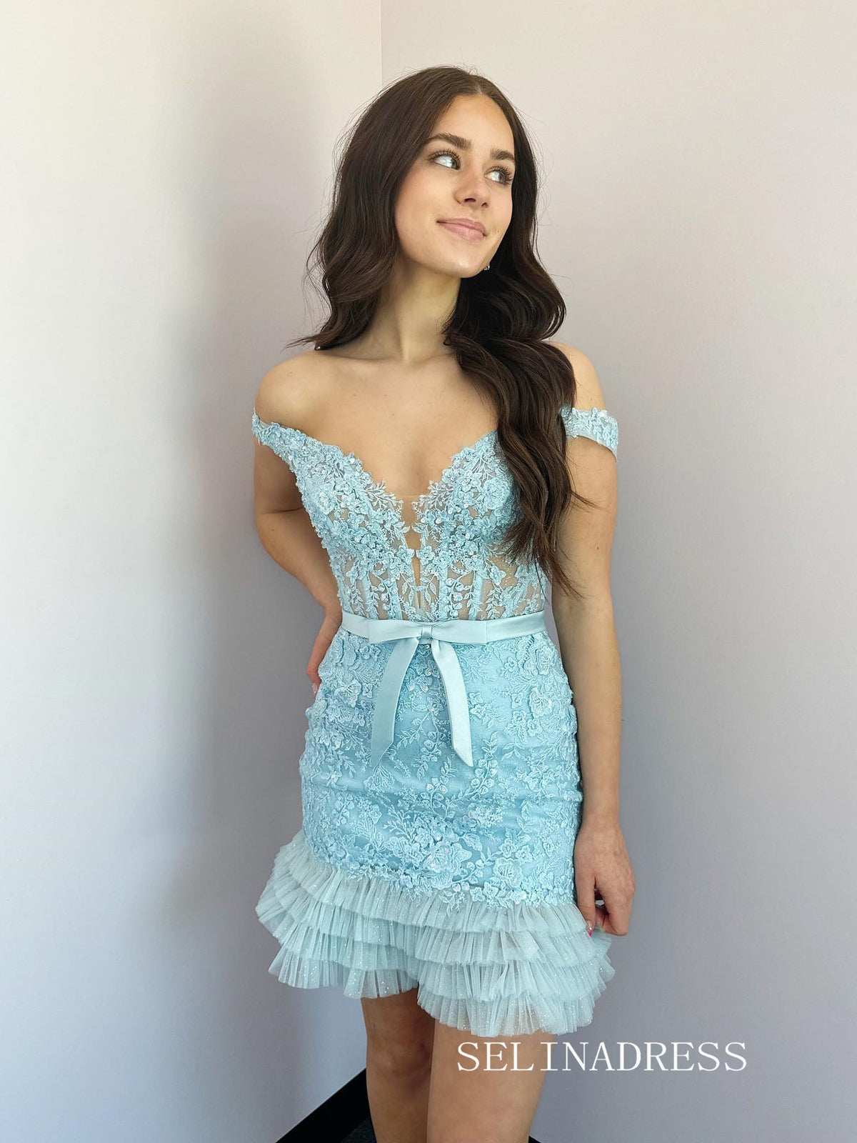 Off-the-shoulder Light Sky Blue Lace Junior Homecoming Dress #EWR700|Selinadress