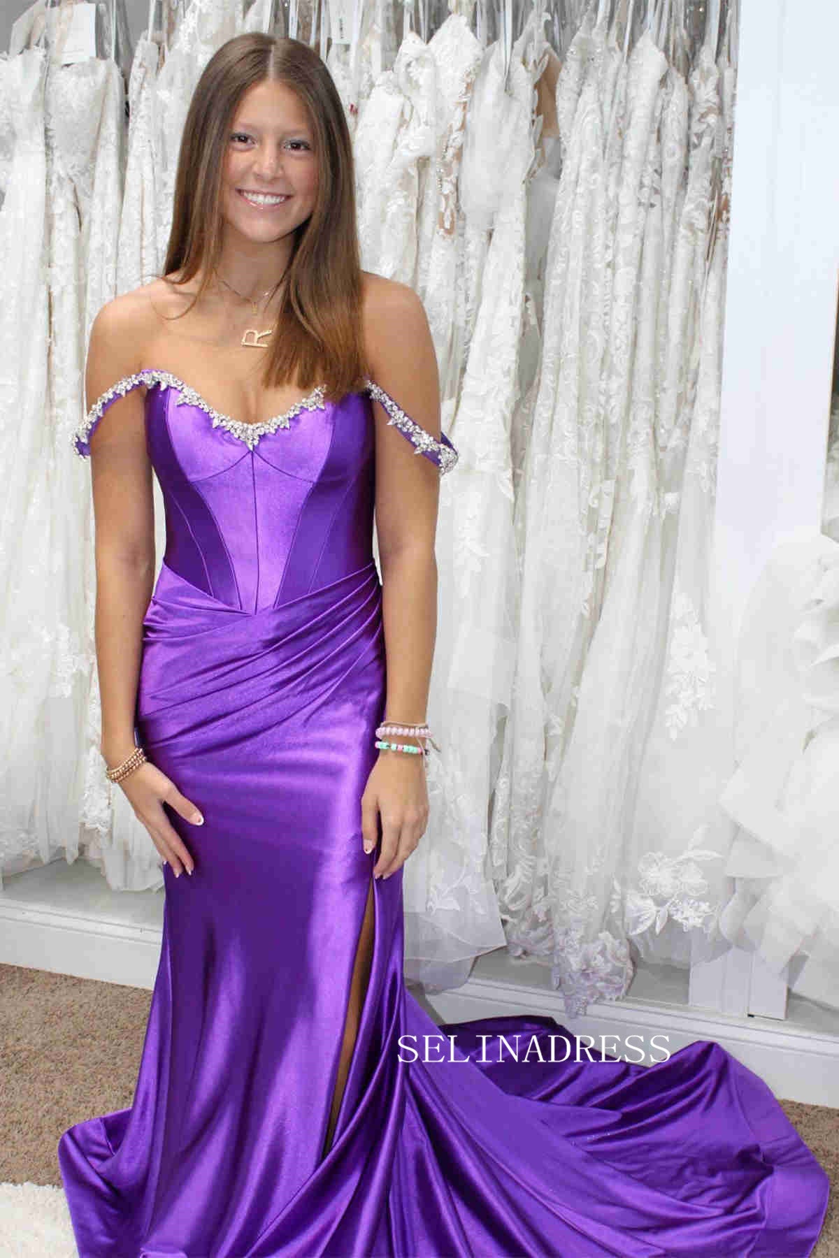 Off-the-shoulder Mermaid Royal Blue Long Prom Dress With Slit sew0620|Selinadress