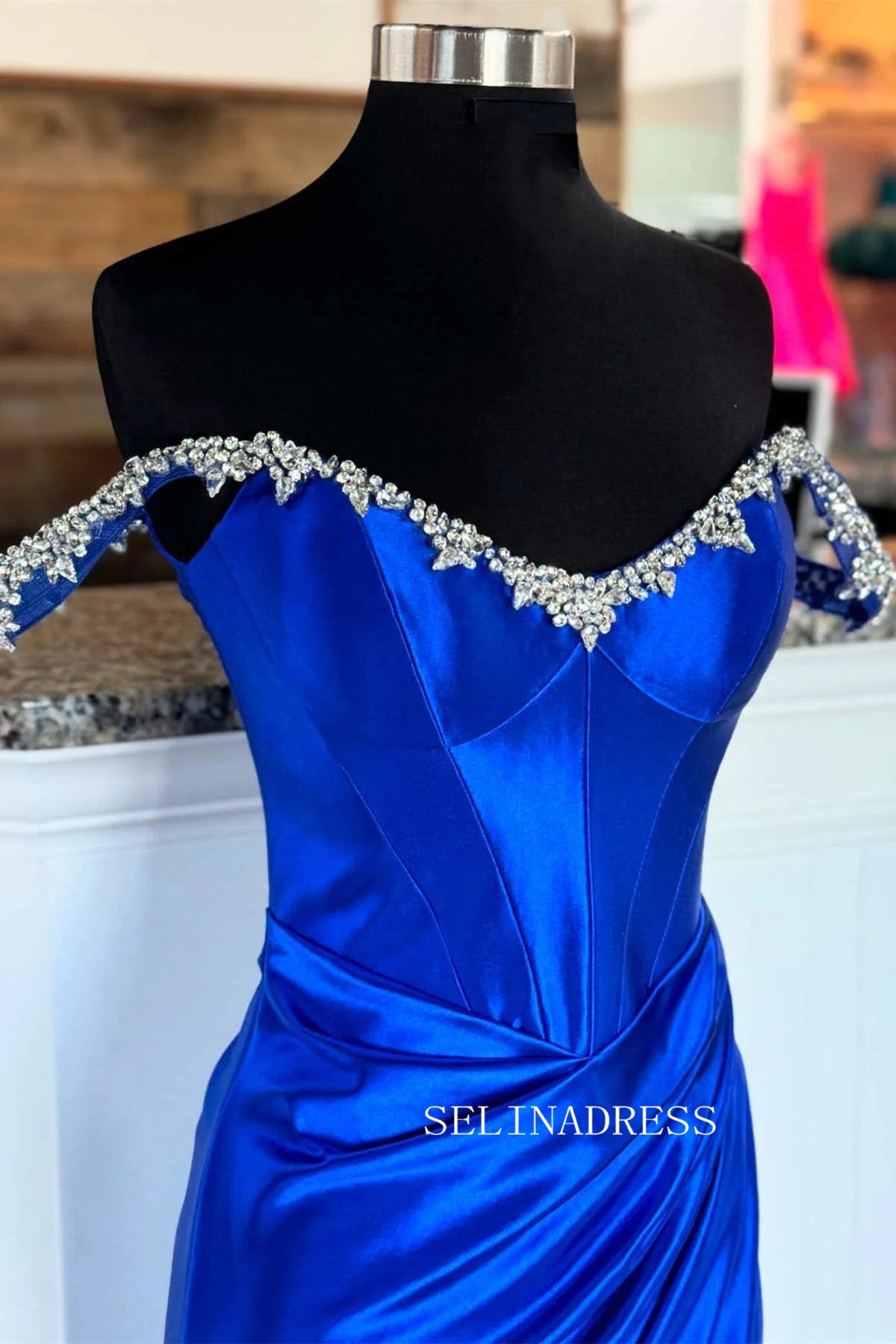 Off-the-shoulder Mermaid Royal Blue Long Prom Dress With Slit sew0620|Selinadress