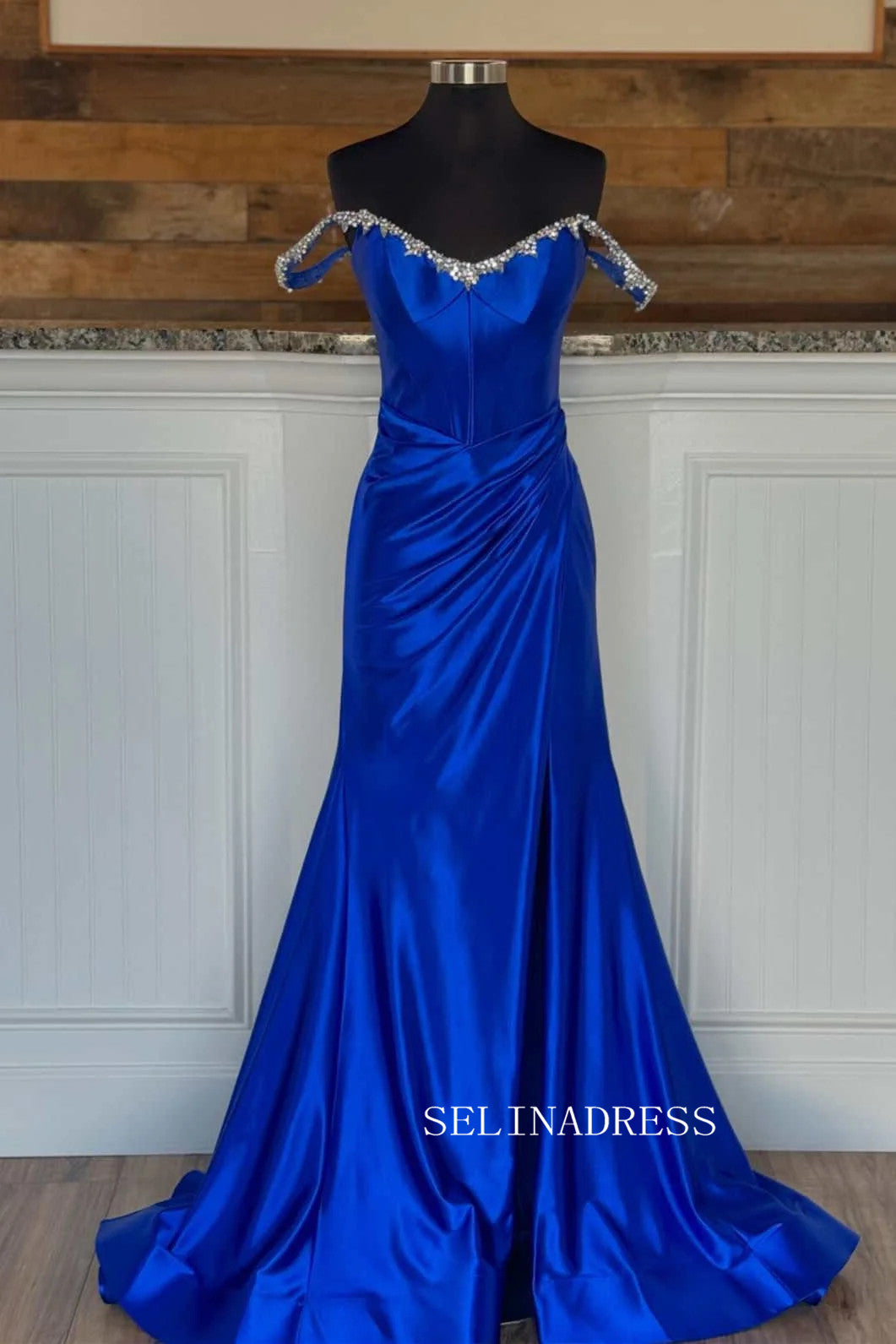 Off-the-shoulder Mermaid Royal Blue Long Prom Dress With Slit sew0620|Selinadress