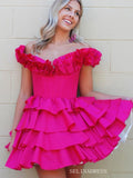 Off-the-shoulder Miti Layered Homecoming Dresses Fuchsia Hoco Dress #EWR557|Selinadress