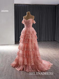 Off-the-shoulder Pink Lace Prom Dress Luxury Evening Gown Wedding Dress 241094|Selinadress