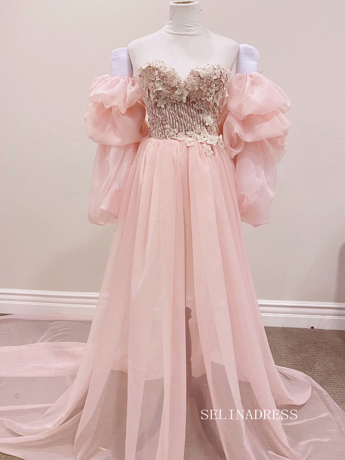 Off-the-shoulder Pink Maternity Dress Charming Long Sleeve Prom Dresses 2023 Beautiful Evening Gowns #LPO007|Selinadress