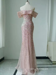 Off-the-shoulder Pink Prom Dress Mermaid Evening Gowns CN003