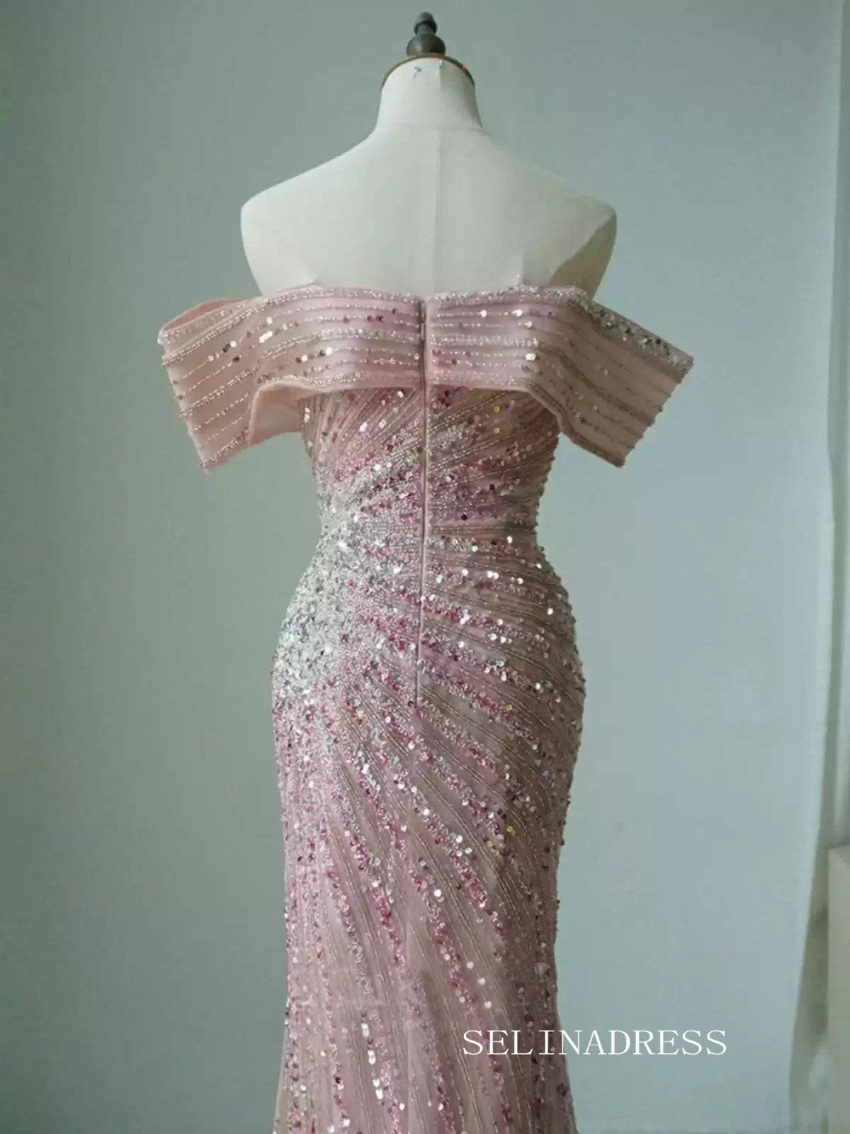 Off-the-shoulder Pink Prom Dress Mermaid Evening Gowns CN003