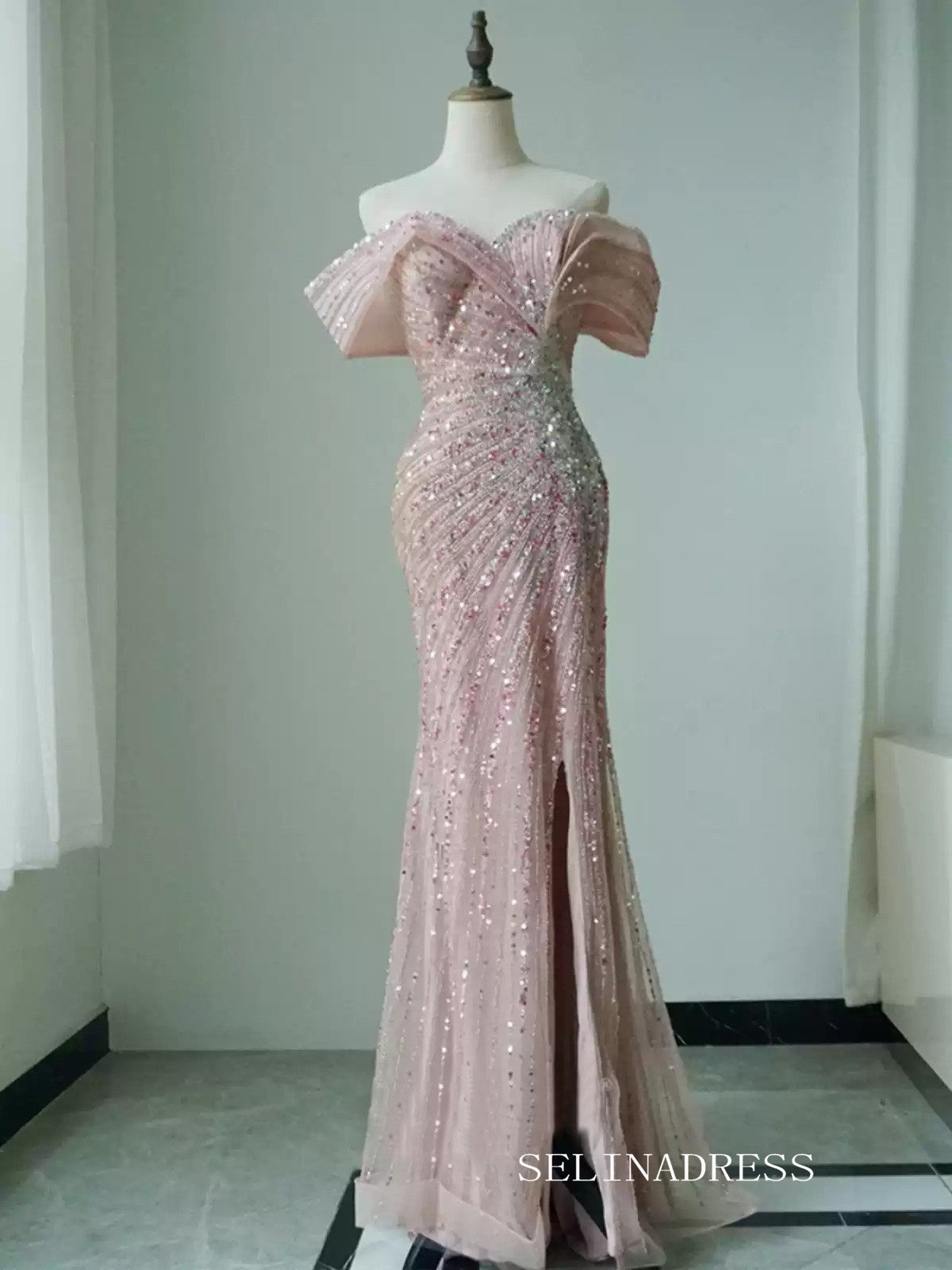 Off-the-shoulder Pink Prom Dress Mermaid Evening Gowns CN003