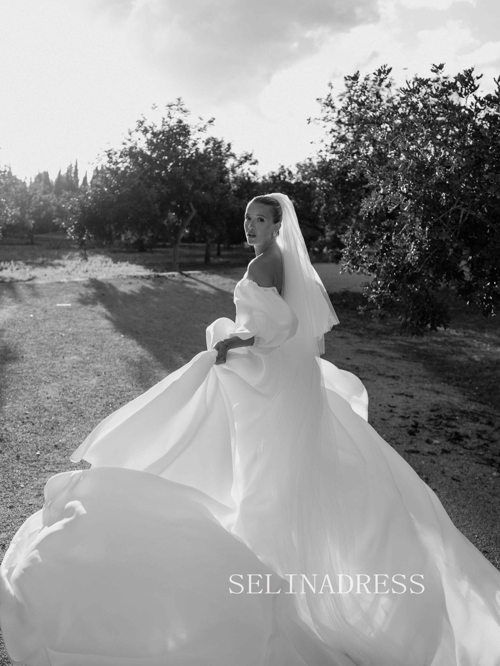 Off the shoulder Puffy Sleeve White Wedding Dress Bridal Dresses #SER005|Selinadress