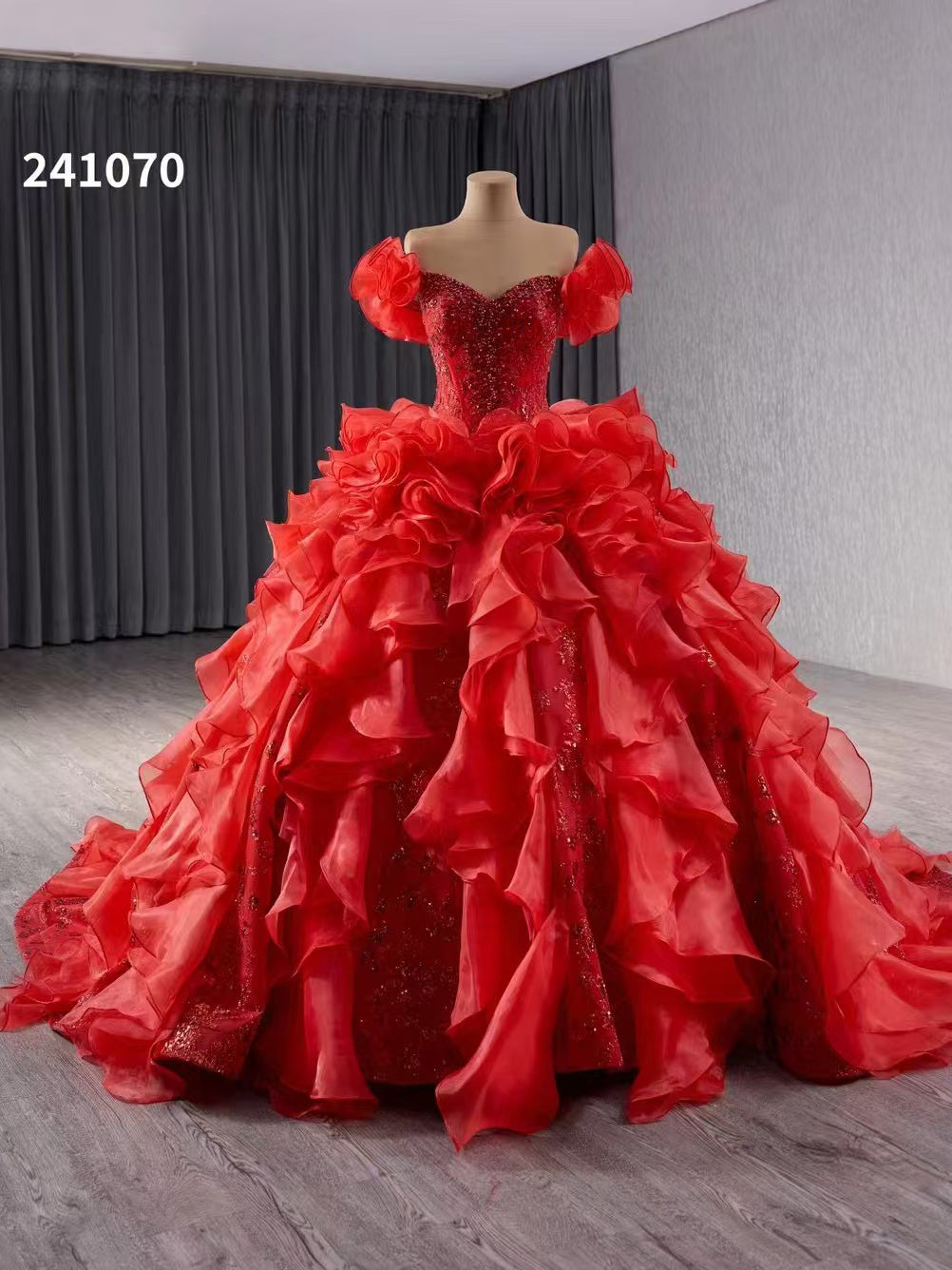 Off-the-shoulder Red Beaded Ball Gown Evening Dress Ruffles Wedding Gowns 241070|Selinadress