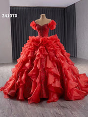 Off-the-shoulder Red Beaded Ball Gown Evening Dress Ruffles Wedding Gowns 241070|Selinadress