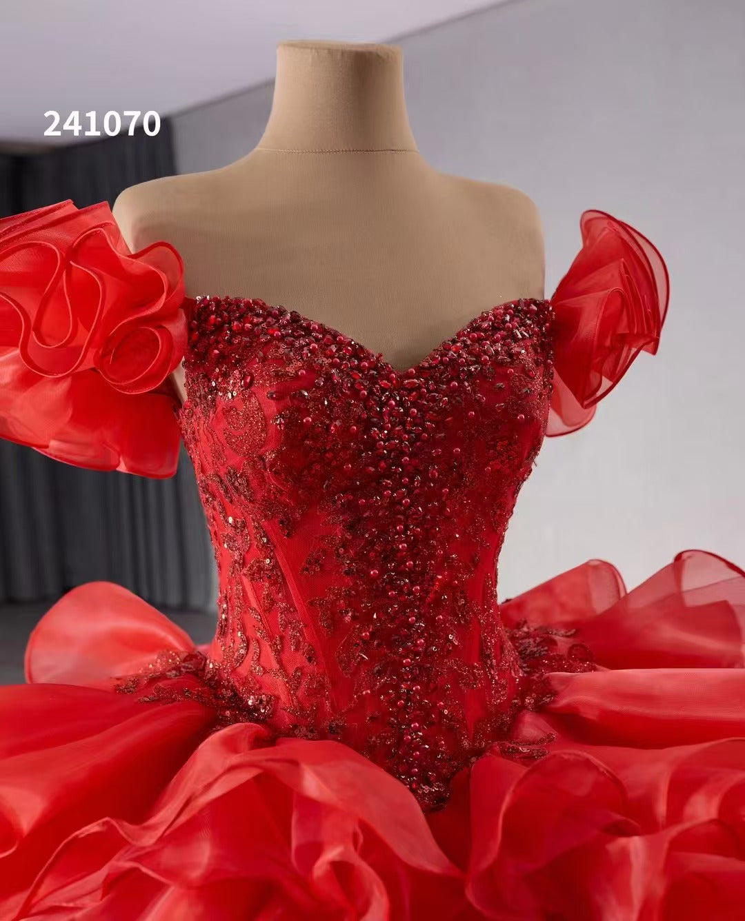 Off-the-shoulder Red Beaded Ball Gown Evening Dress Ruffles Wedding Gowns 241070|Selinadress