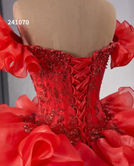 Off-the-shoulder Red Beaded Ball Gown Evening Dress Ruffles Wedding Gowns 241070|Selinadress