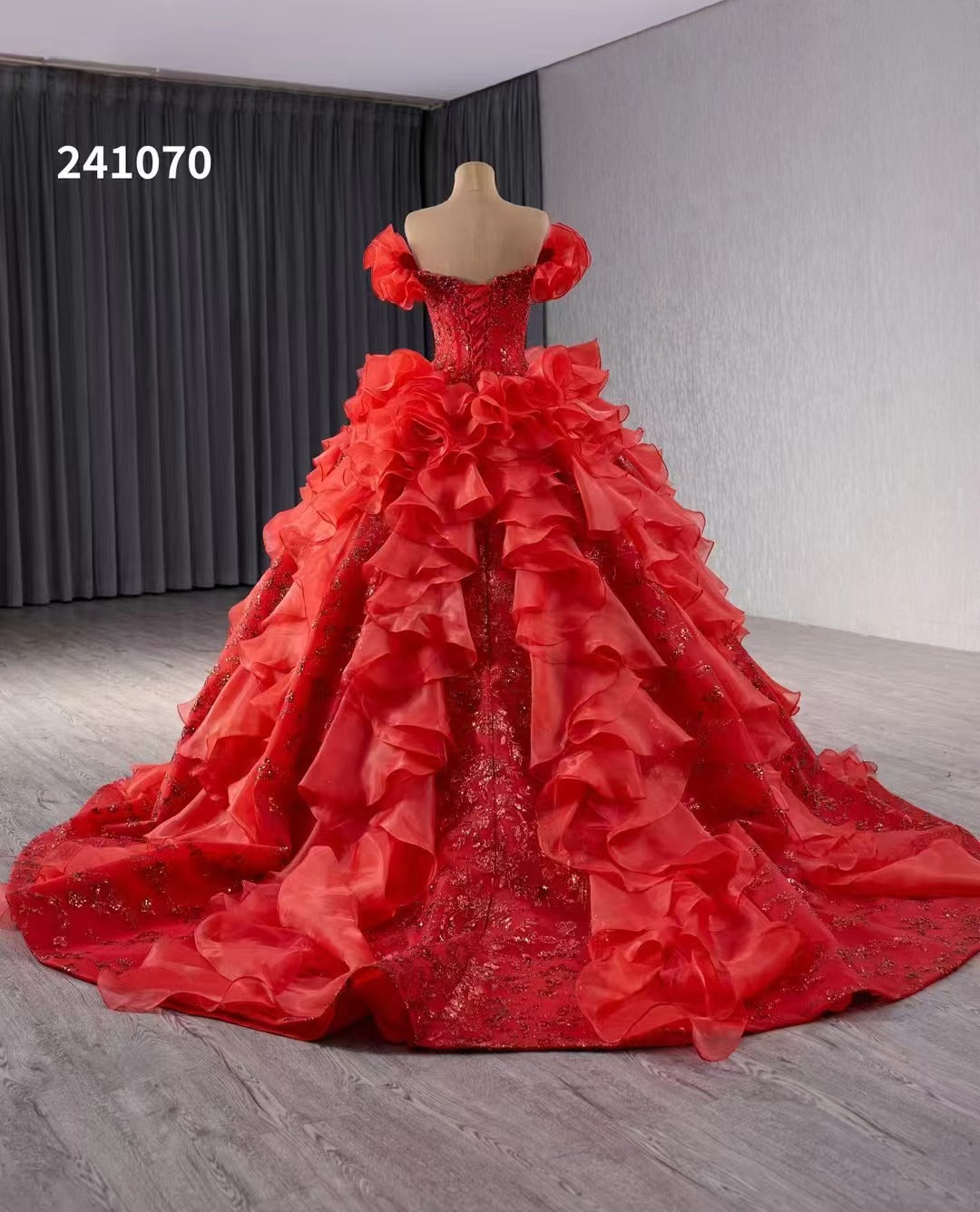 Off-the-shoulder Red Beaded Ball Gown Evening Dress Ruffles Wedding Gowns 241070|Selinadress