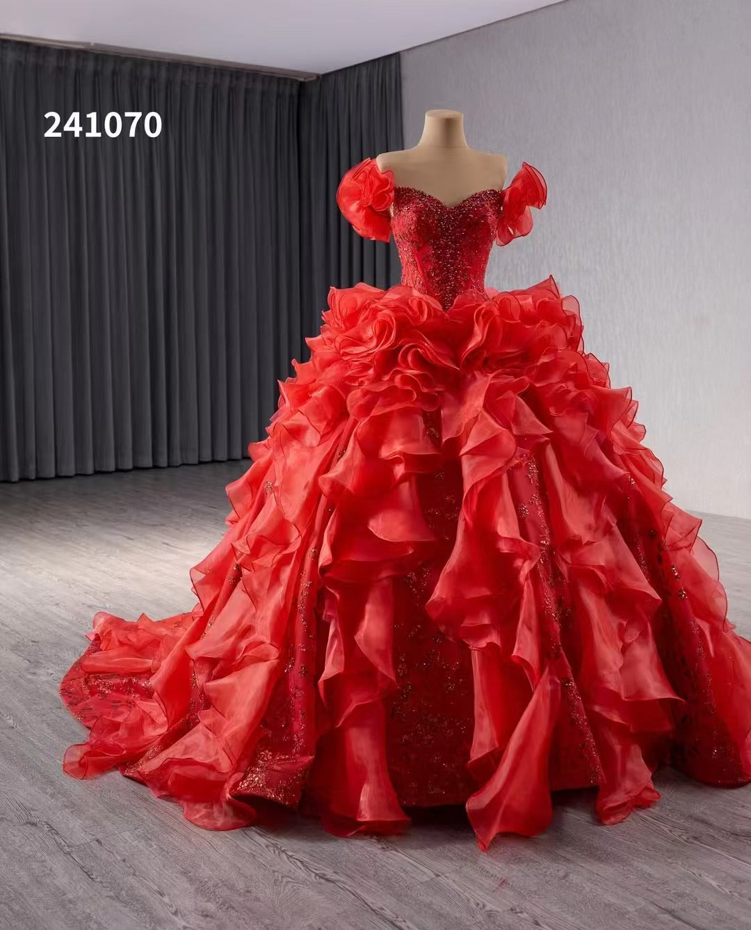 Off-the-shoulder Red Beaded Ball Gown Evening Dress Ruffles Wedding Gowns 241070|Selinadress