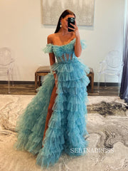 Off-the-shoulder Ruffles Blue Layered Tulle Long Prom Dress Cheap Evening Gown SEW1261|Selinadress