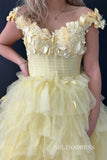 Off-the-shoulder Tulle Ball Gown 3D Floral Prom Dresses Ruffles Evening Dress EWR301