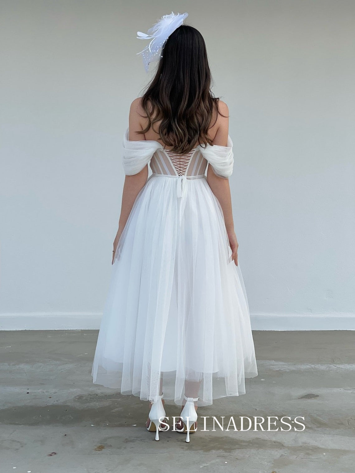 Off-the-shoulder White Prom Dresses Cheap Ankle-length Tulle Formal Dresses SKO010|Selinadress