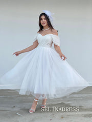 Off-the-shoulder White Prom Dresses Cheap Ankle-length Tulle Formal Dresses SKO010|Selinadress