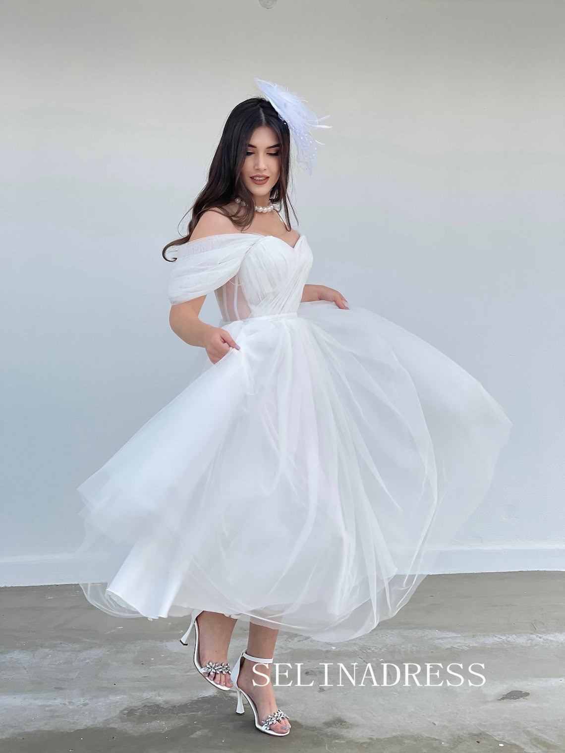 Off-the-shoulder White Prom Dresses Cheap Ankle-length Tulle Formal Dresses SKO010|Selinadress