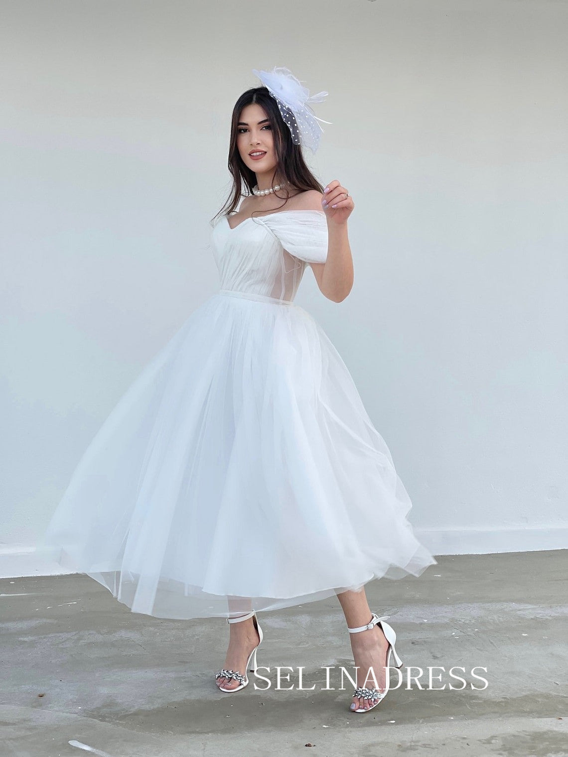 Off-the-shoulder White Prom Dresses Cheap Ankle-length Tulle Formal Dresses SKO010|Selinadress