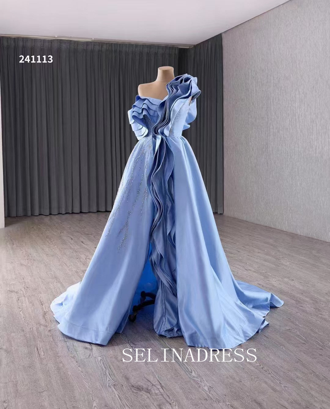 One Shoulder Blue Beaded Wedding Dresses Elegant Satin Prom Dress with Slit 241113|Selinadress