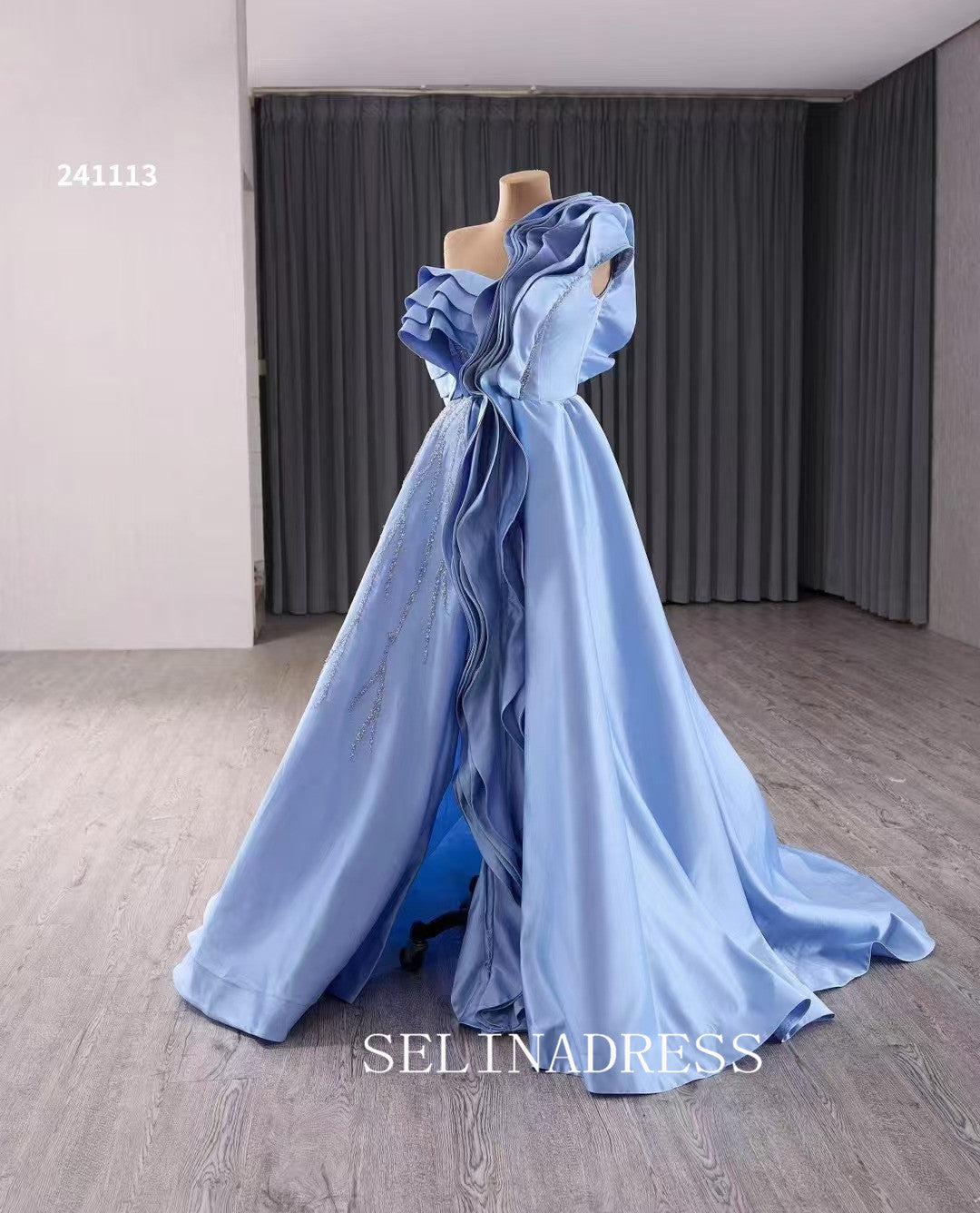 One Shoulder Blue Beaded Wedding Dresses Elegant Satin Prom Dress with Slit 241113|Selinadress