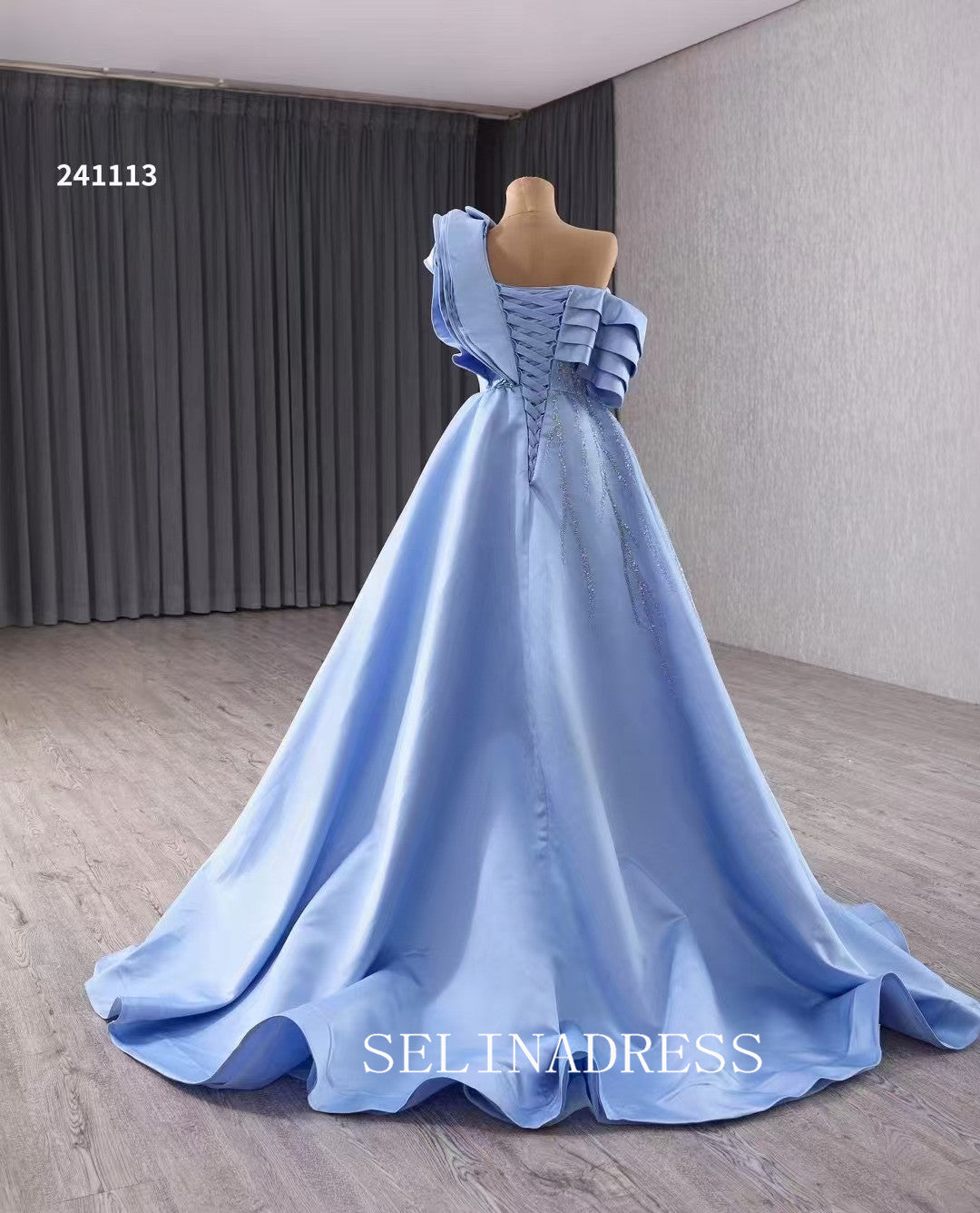 One Shoulder Blue Beaded Wedding Dresses Elegant Satin Prom Dress with Slit 241113|Selinadress