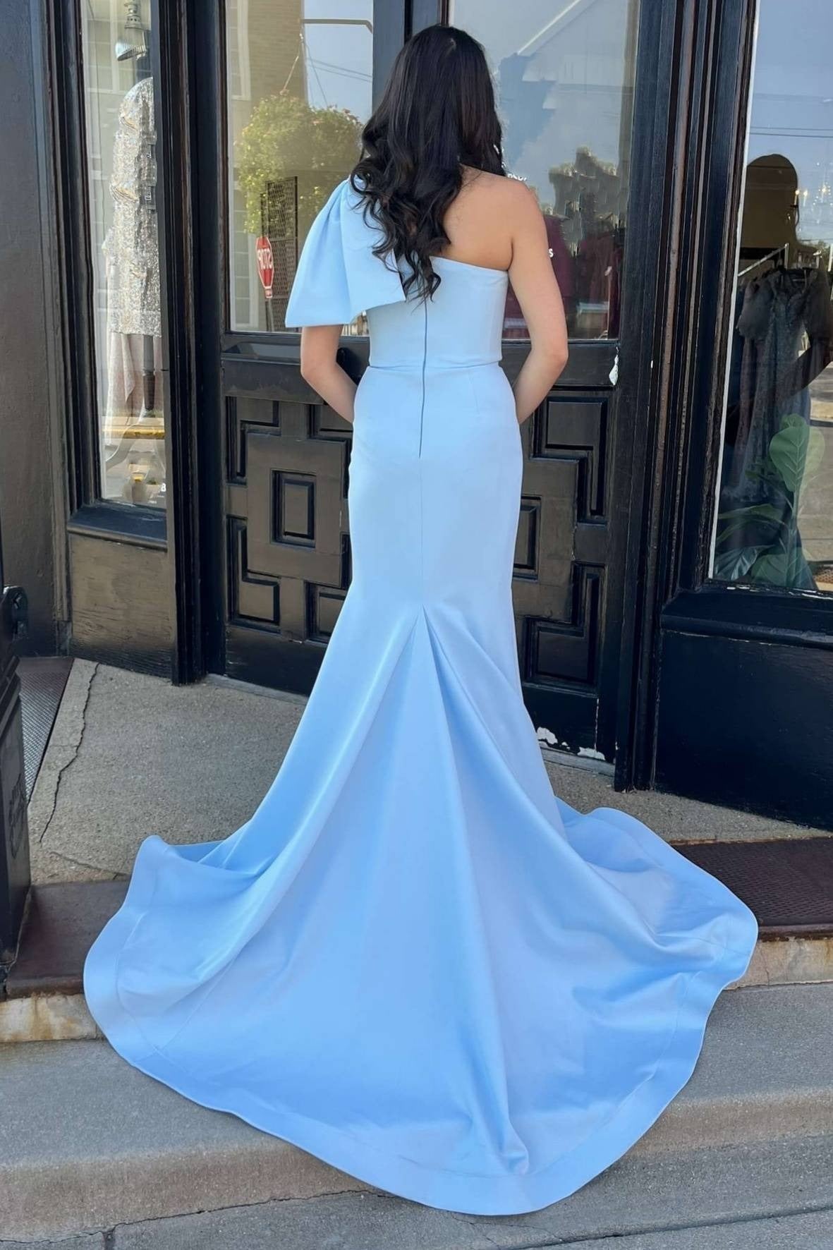 One Shoulder Lignt Sky Blue Satin Mermaid Prom Dress SEW1310|Selinadress