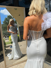 One Shoulder Sweetheart White Beaded Mermaid Prom Dress Evening Dress SER637|Selinadfress