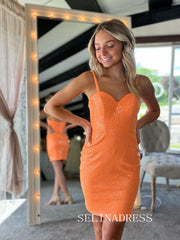 Orange Spaghetti Straps Short Homecoming Dresses Sequins Mini Cocktail Dresses #EWR158|Selinadress