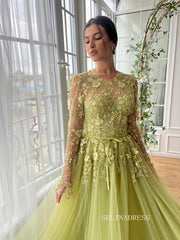 Chic A-line Scoop Long Sleeve Unique Prom Dresses Applique Beaded Evening Dress JKL3120|Selinadress