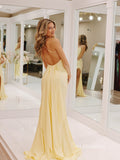 Pale Yellow Mermaid Satin Prom Dresses with Tail Spaghetti Straps Evening Dress EWR201|Selinadress