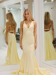 Pale Yellow Mermaid Satin Prom Dresses with Tail V-Neck Evening Dress EWR200|Selinadress