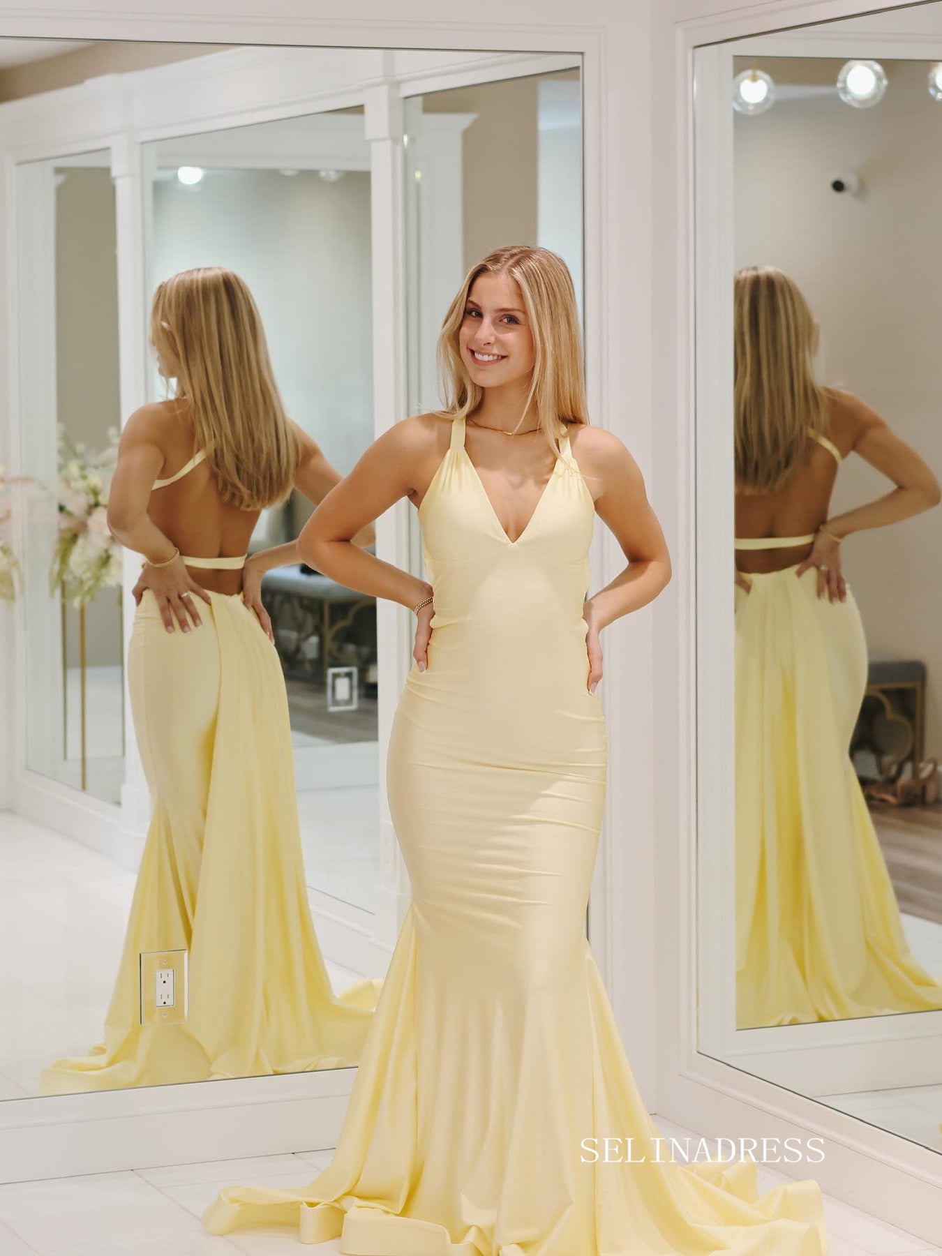 Pale Yellow Mermaid Satin Prom Dresses with Tail V-Neck Evening Dress EWR200|Selinadress