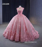 Pink 3D Flower Lace Wedding Gown High Neck Quinceanera Dress 231104|Selinadress