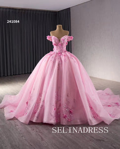 Pink Applique Floral Lace Wedding Dresses Off the Shoulder Quinceanera Dress 241084|Selinadress