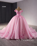 Pink Applique Floral Lace Wedding Dresses Off the Shoulder Quinceanera Dress 241084|Selinadress