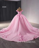 Pink Applique Floral Lace Wedding Dresses Off the Shoulder Quinceanera Dress 241084|Selinadress