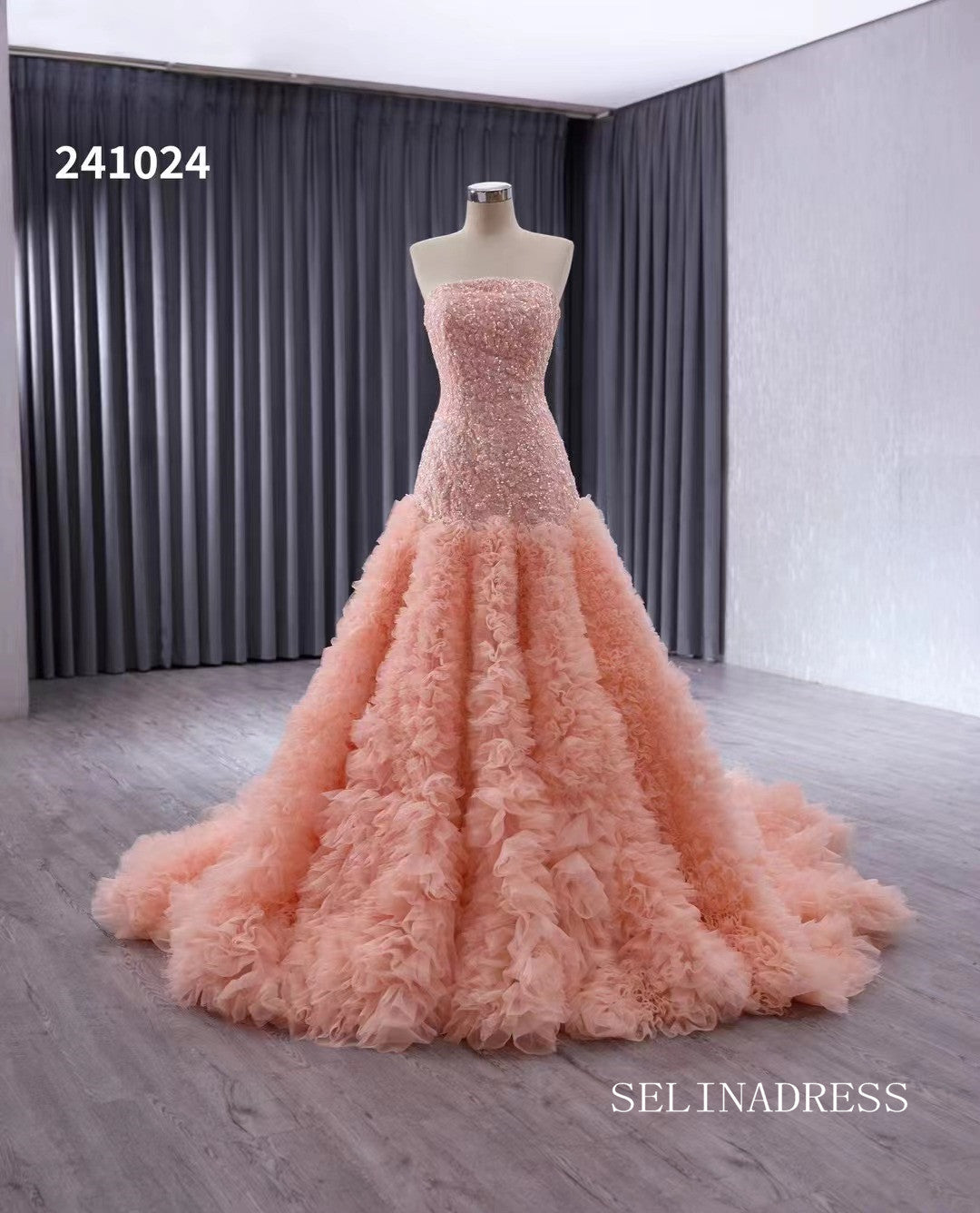 Pink Beaded Ruffled Wedding Dresses Strapless Quinceanera Dress 241024|Selinadress