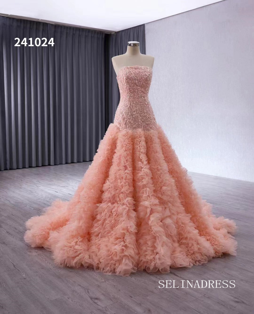 Pink Beaded Ruffled Wedding Dresses Strapless Quinceanera Dress 241024|Selinadress