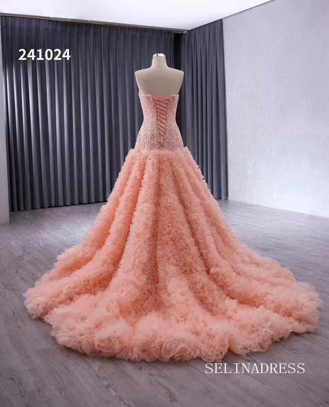 Pink Beaded Ruffled Wedding Dresses Strapless Quinceanera Dress 241024|Selinadress