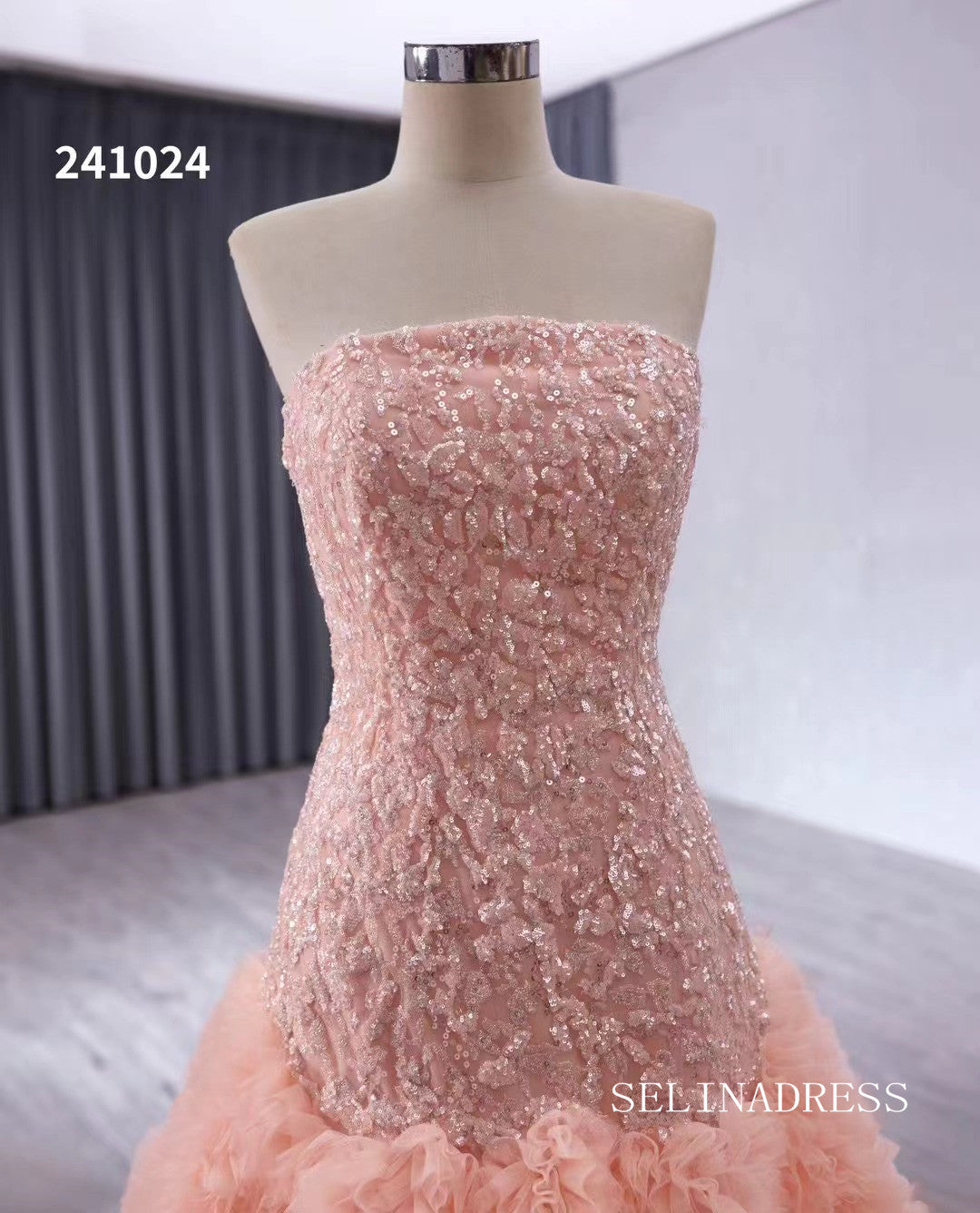 Pink Beaded Ruffled Wedding Dresses Strapless Quinceanera Dress 241024|Selinadress