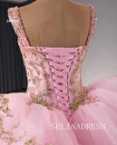 Pink Beaded Sequins Wedding Dresses Straps Quinceanera Dress With Bowknot 241090|Selinadress