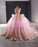 Pink Beaded Sequins Wedding Dresses Straps Quinceanera Dress With Bowknot 241090|Selinadress